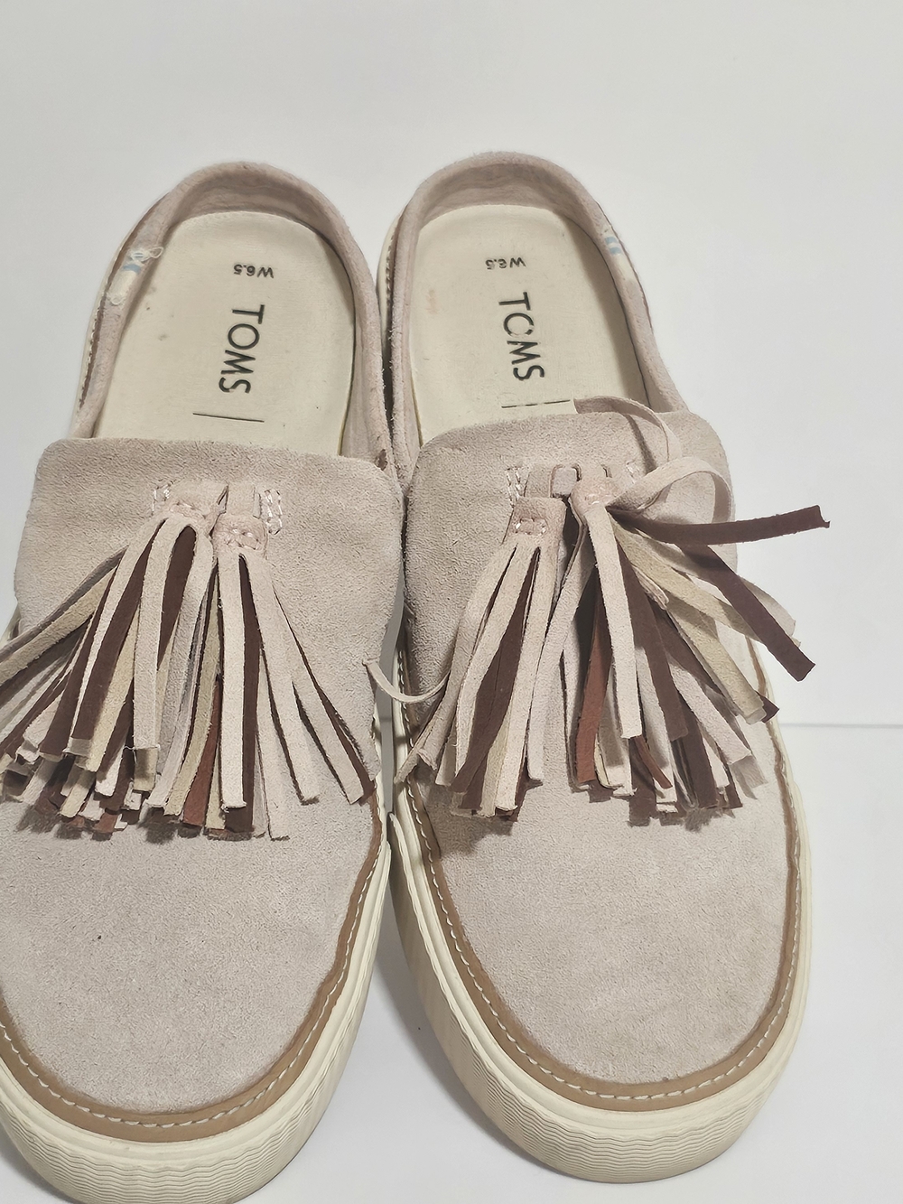 TOMS Women’s 6.5W Sunrise Blush Beige Suede Fringe Tassel Slip On Mules